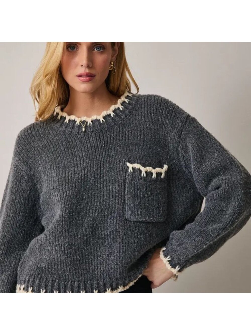 Sunday Edition Charcoal Gray Pullover Sweater Cream Blanket Stitch Detail Size S